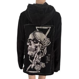 Upcycled Corduroy Skull Hooded Light Jacket Black Goth Punk Full Zip Streetwear